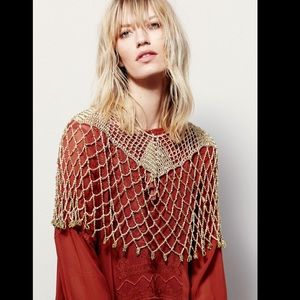 Free People Gold Crochet Knit Beaded Cape Capelet